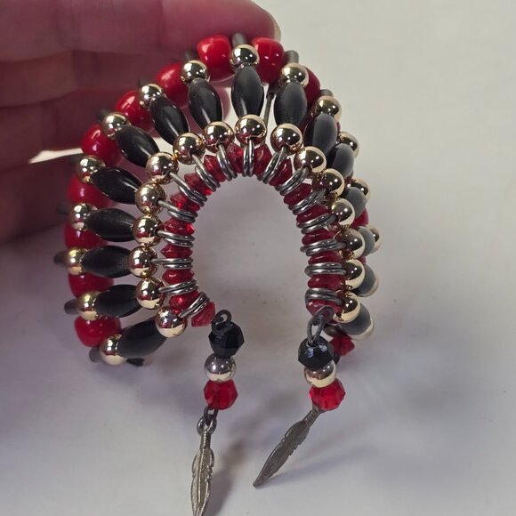 Vintage Beaded Safety Pin Art Fan Decor Red Black Gold Feathers Handmade 80s 90s - Picture 2 of 9